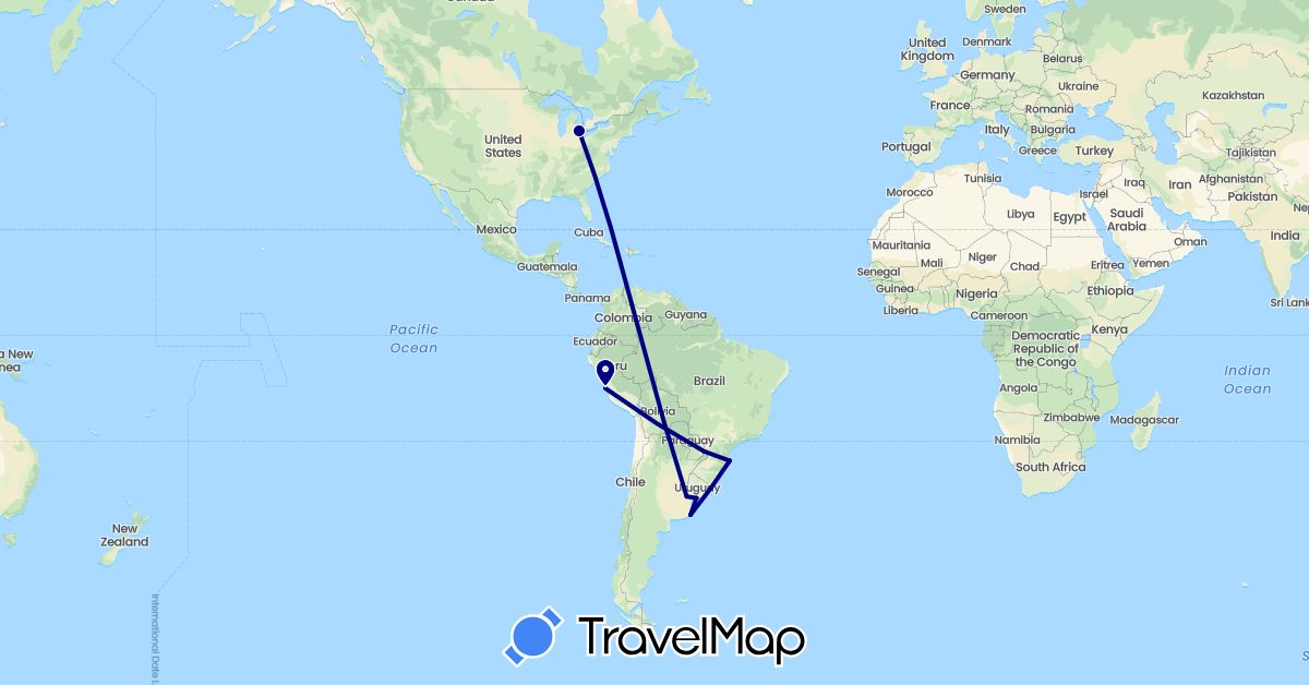 TravelMap itinerary: driving in Argentina, Brazil, Peru, United States, Uruguay (North America, South America)